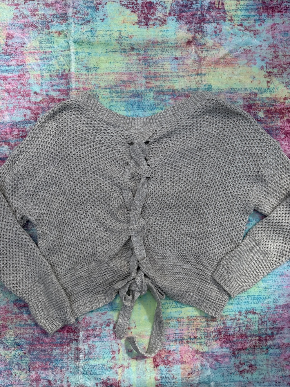 Express Gray Lace-Up Back Crewneck Sweater